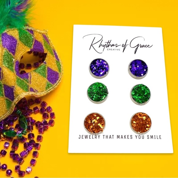 Sparkle & Shine: Mardi Gras Trio of Glitter Stud Earrings! NWT Studs - Picture 9 of 10